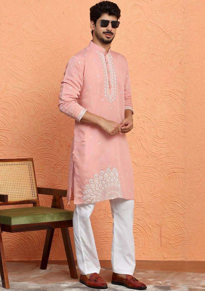 Pink Printed Silk Blend Kurta Set For Men - Indya