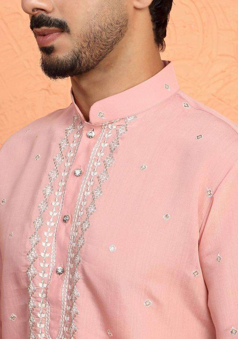 Pink Printed Silk Blend Kurta Set For Men - Indya