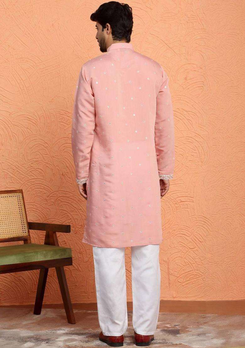 Pink Printed Silk Blend Kurta Set For Men - Indya