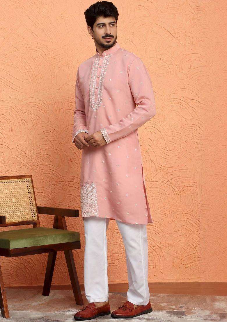 Pink Printed Silk Blend Kurta Set For Men - Indya