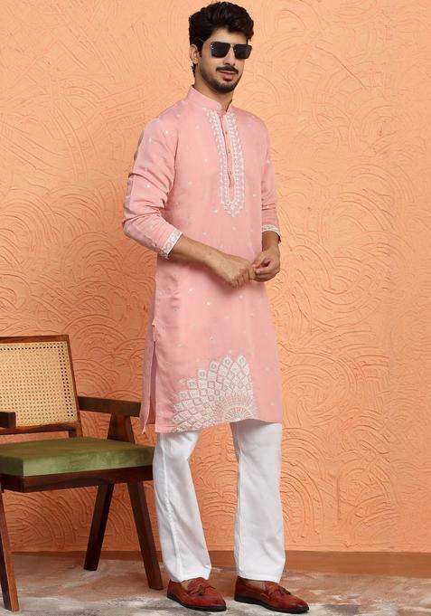 Pink Printed Silk Blend Kurta Set For Men