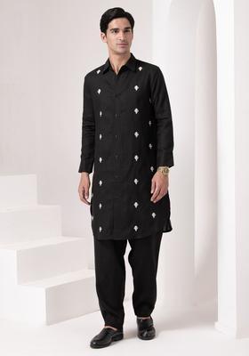 Black Embroidered Polyester Kurta Set For Men