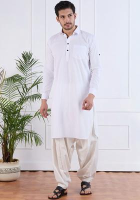 White Self Design Cotton Kurta Set For Men