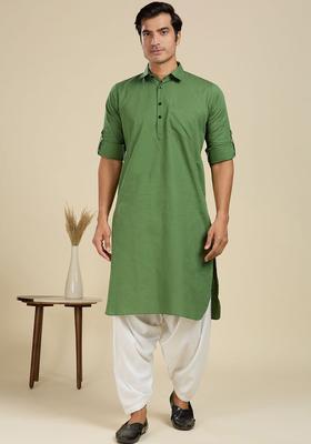 Olive Solid Cotton Kurta Set For Men