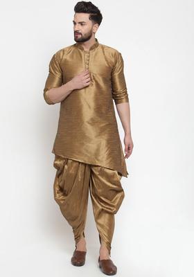 Gold Solid Silk Kurta Set For Men