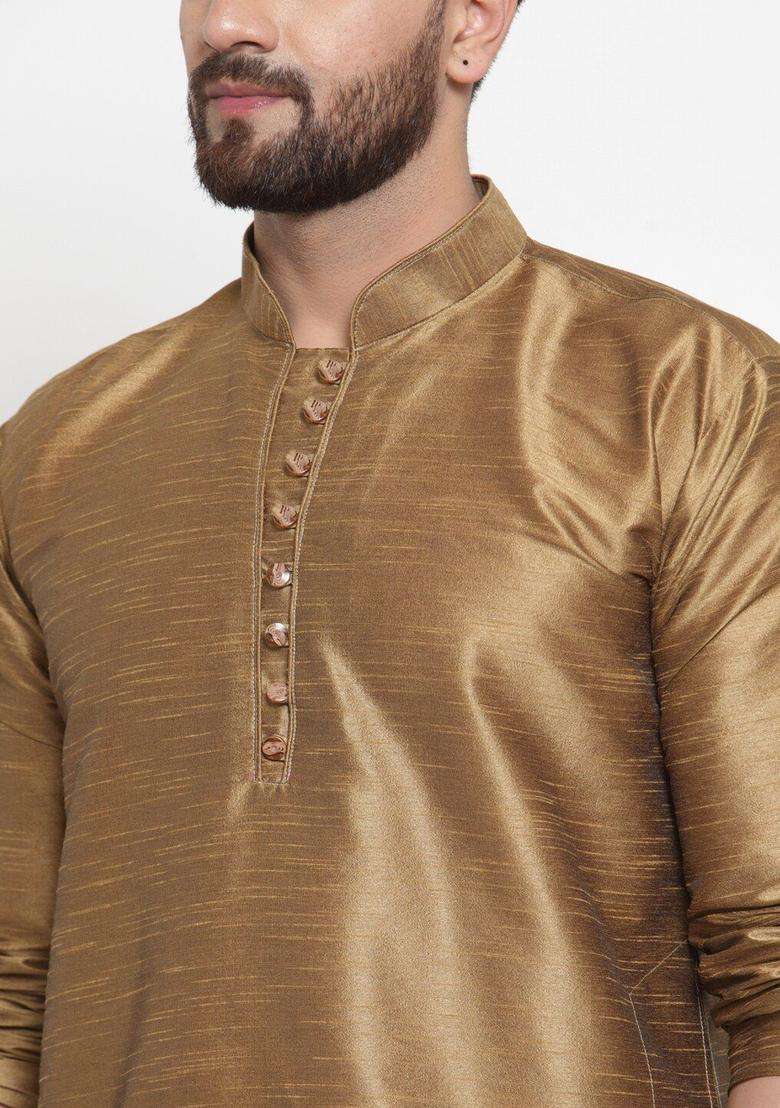 Gold Solid Silk Blend Kurta Set For Men - Indya