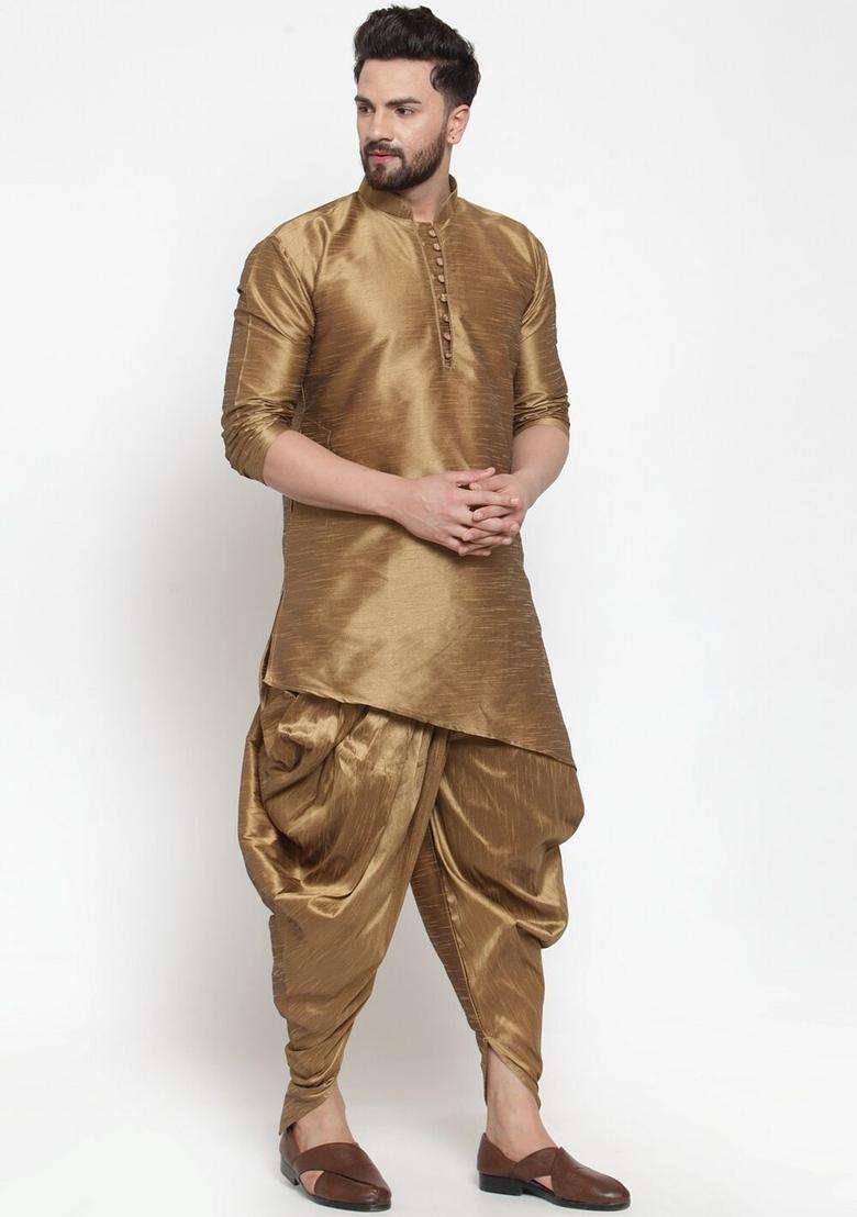 Gold Solid Silk Blend Kurta Set For Men - Indya