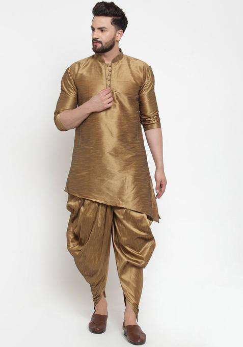 Gold Solid Silk Blend Kurta Set For Men