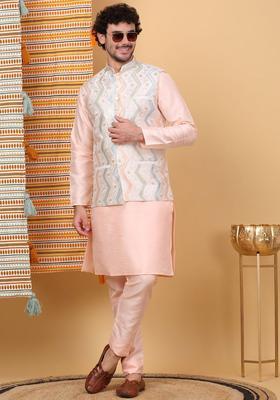 Peach Solid Silk Kurta Set For Men