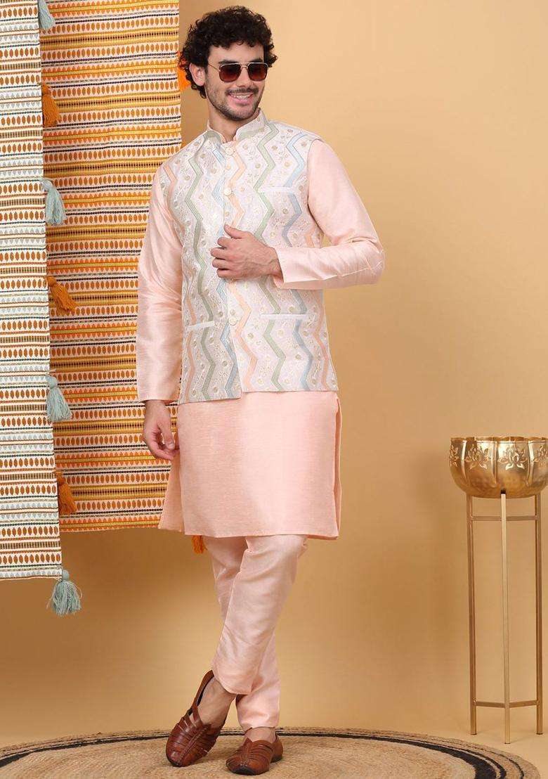 Peach Solid Silk Blend Kurta Set For Men - Indya
