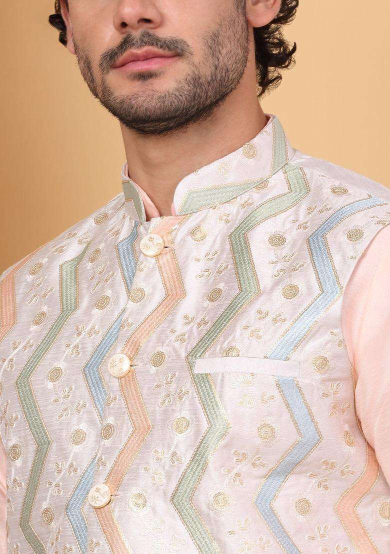 Peach Solid Silk Blend Kurta Set For Men - Indya