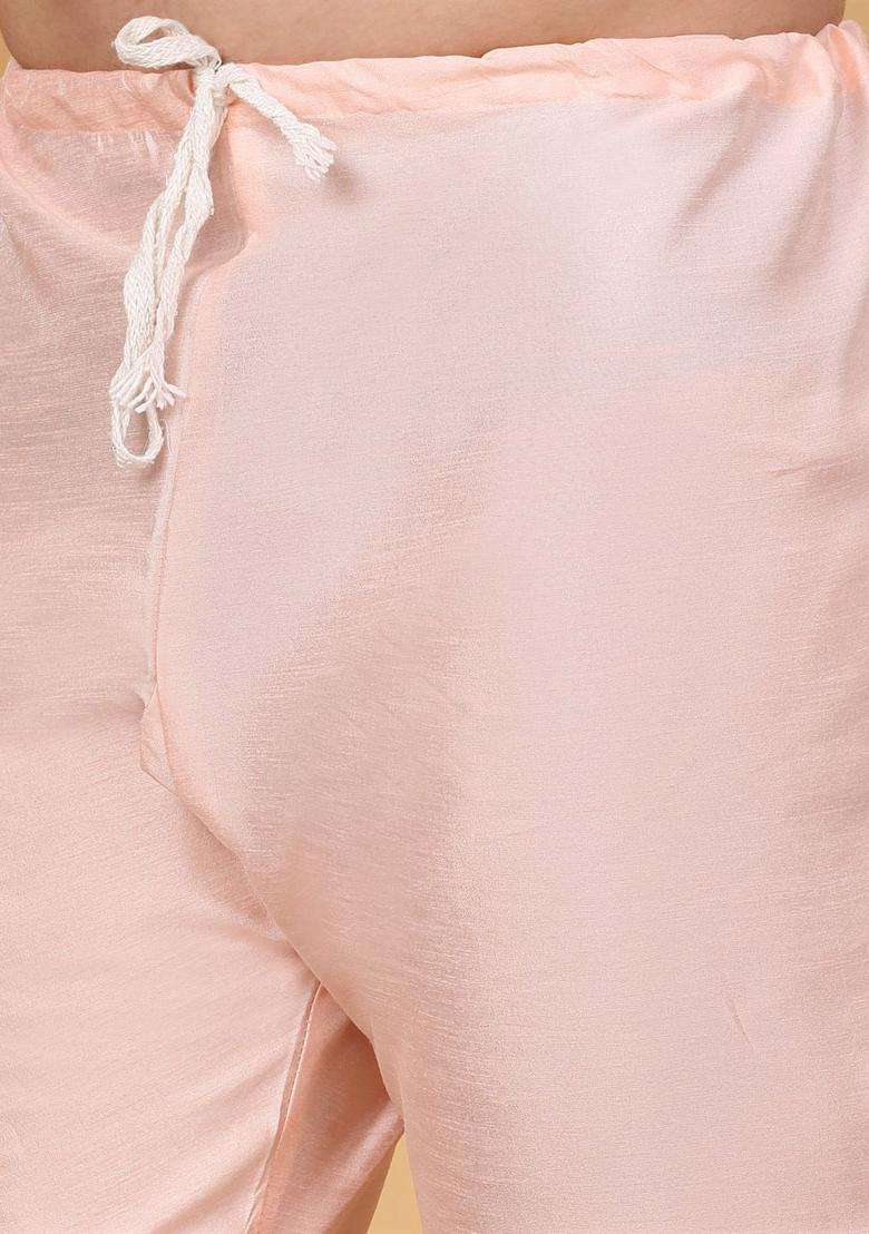 Peach Solid Silk Blend Kurta Set For Men - Indya
