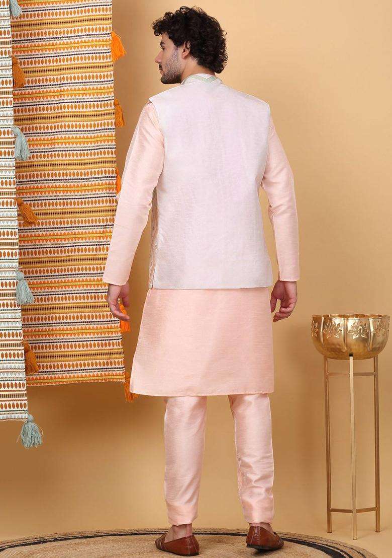 Peach Solid Silk Blend Kurta Set For Men - Indya