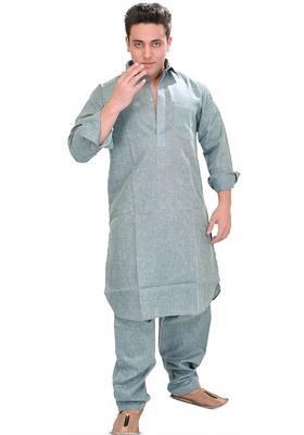 Blue Solid Cotton Kurta Set For Men