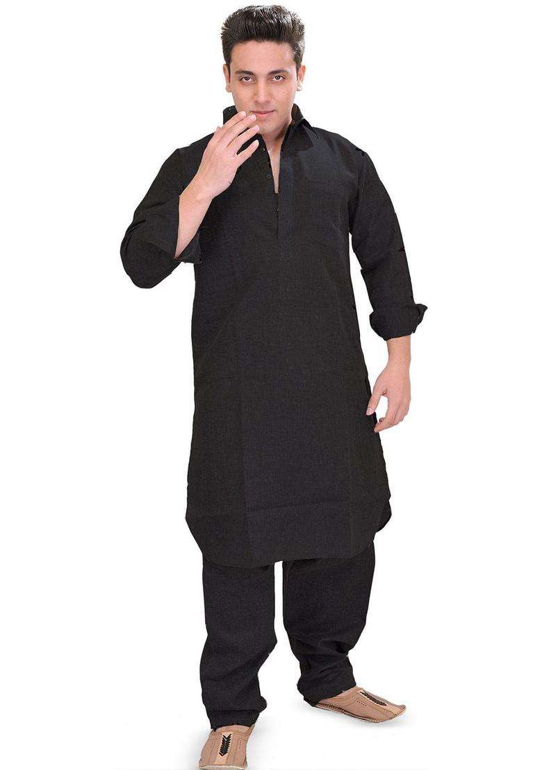 Black Solid Cotton Kurta Set For Men - Indya