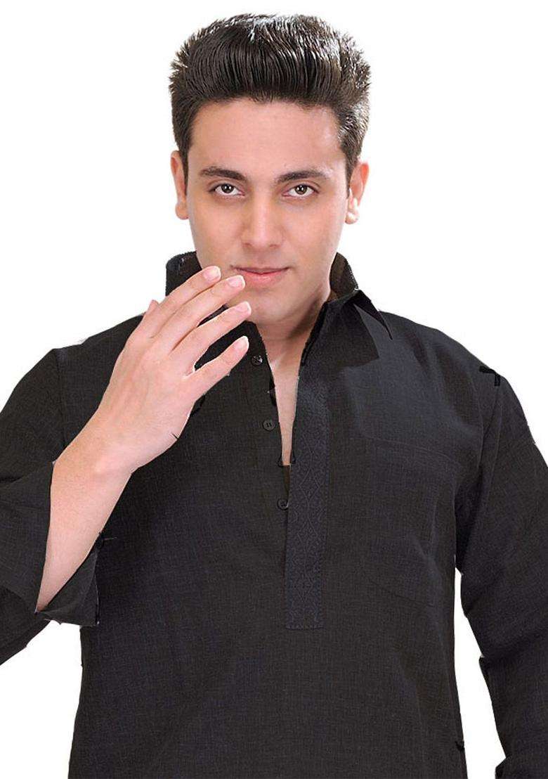 Black Solid Cotton Kurta Set For Men - Indya