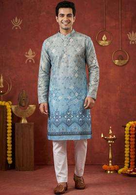 Blue Printed Cotton Kurta Set For Men