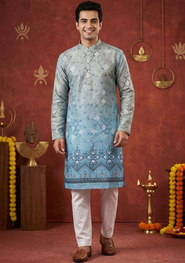 Blue Printed Cotton Kurta Set For Men - Indya