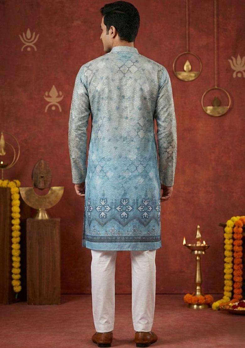 Blue Printed Cotton Kurta Set For Men - Indya