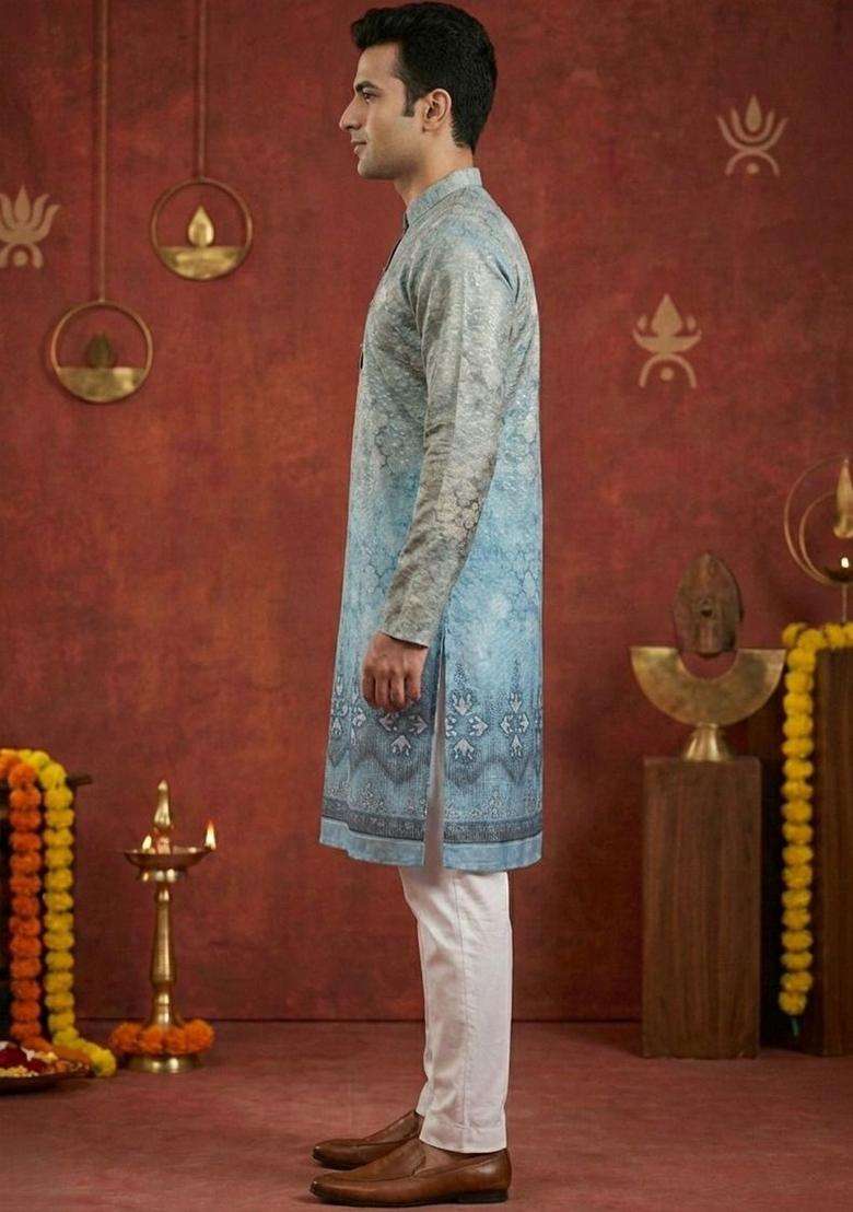 Blue Printed Cotton Kurta Set For Men - Indya