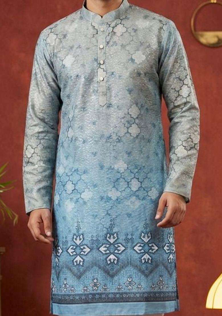 Blue Printed Cotton Kurta Set For Men - Indya