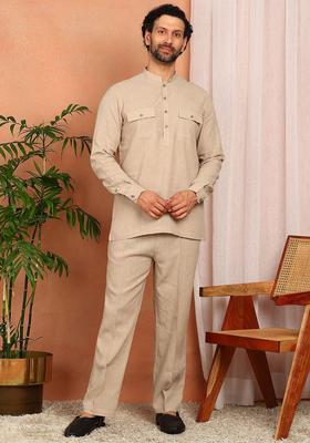 Beige Solid Linen Kurta Set For Men