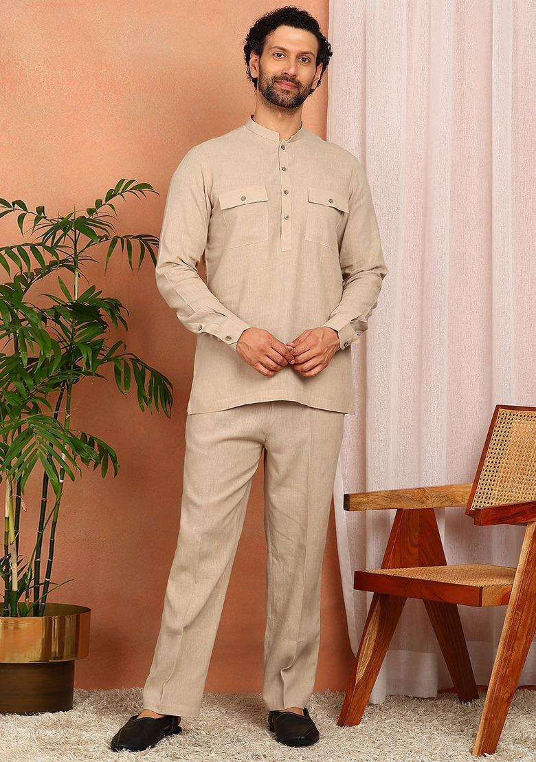 Beige Solid Linen Kurta Set For Men - Indya