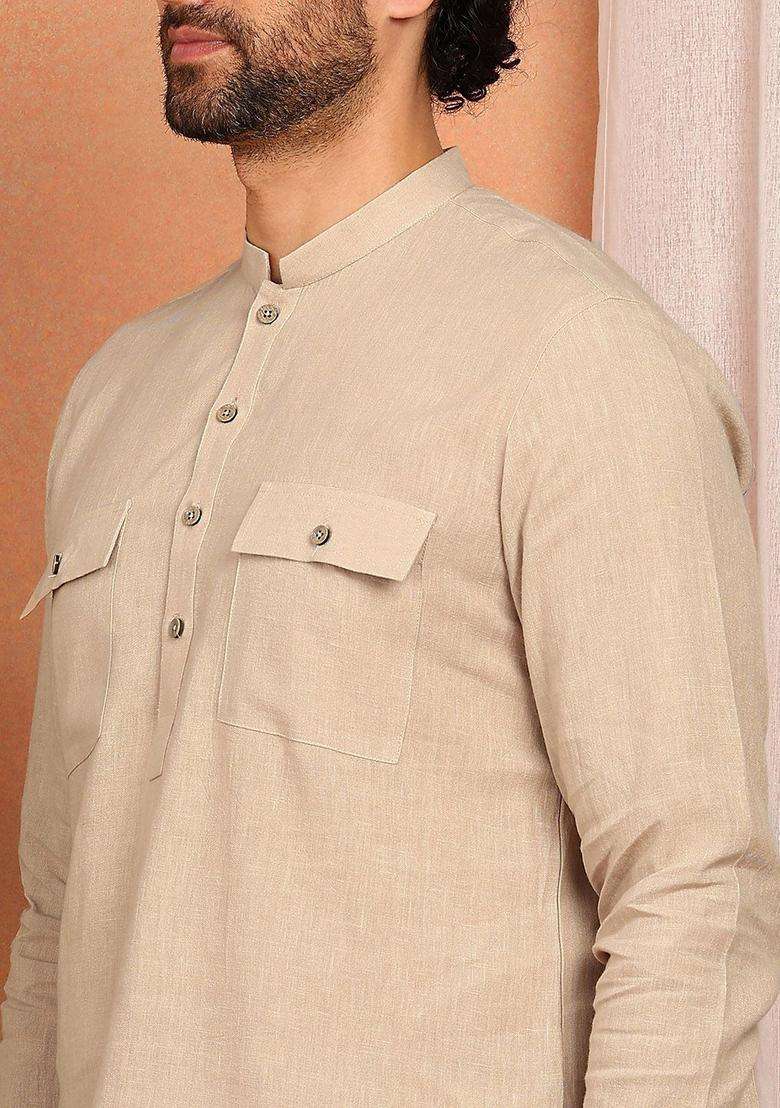 Beige Solid Linen Kurta Set For Men - Indya