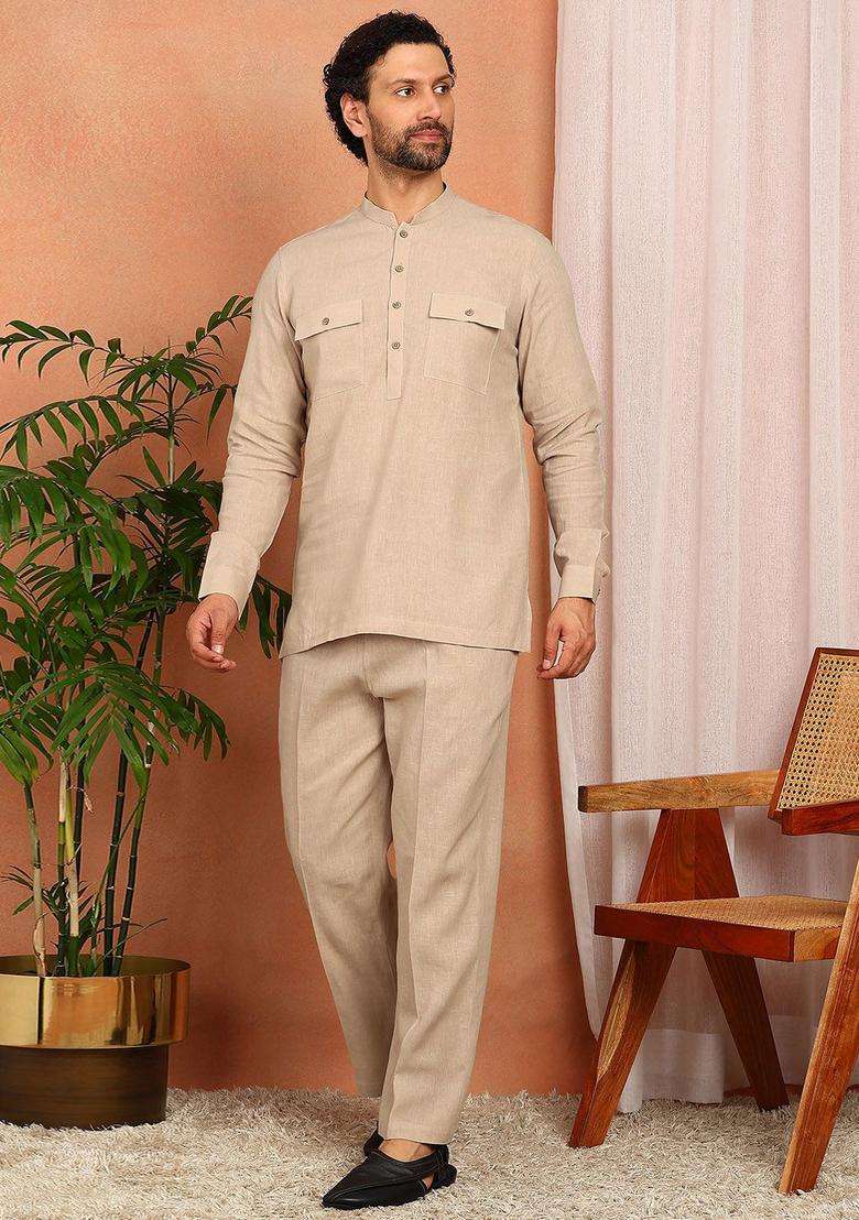 Beige Solid Linen Kurta Set For Men - Indya
