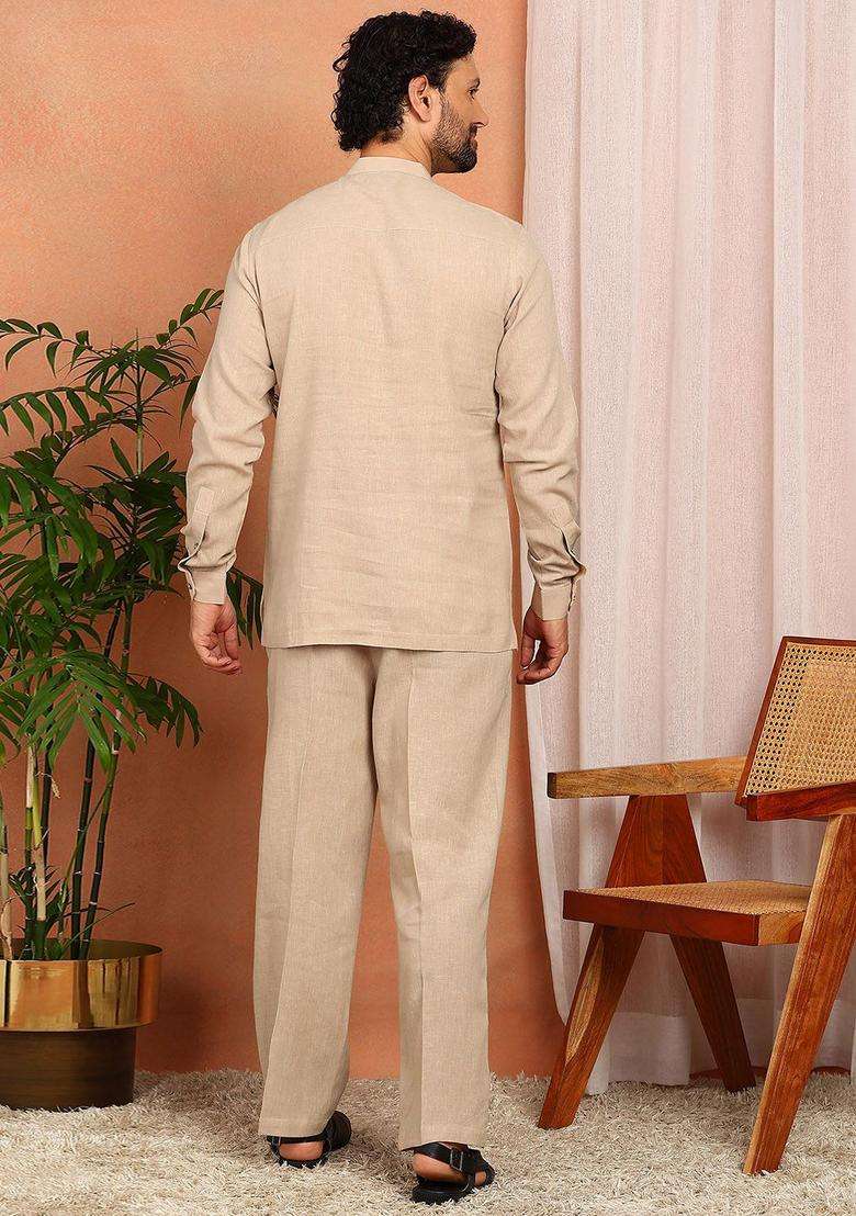 Beige Solid Linen Kurta Set For Men - Indya