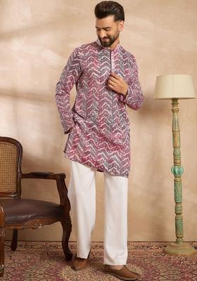 Maroon Printed Silk Kurta Set For Men