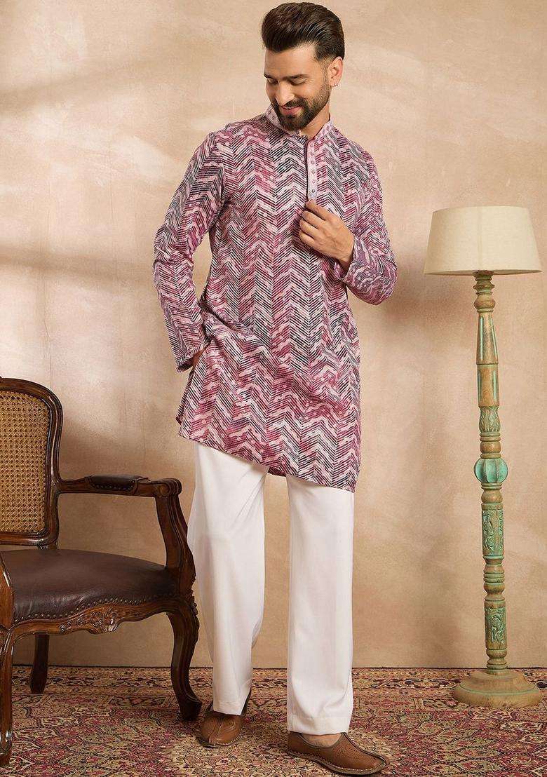 Maroon Printed Silk Blend Kurta Set For Men - Indya