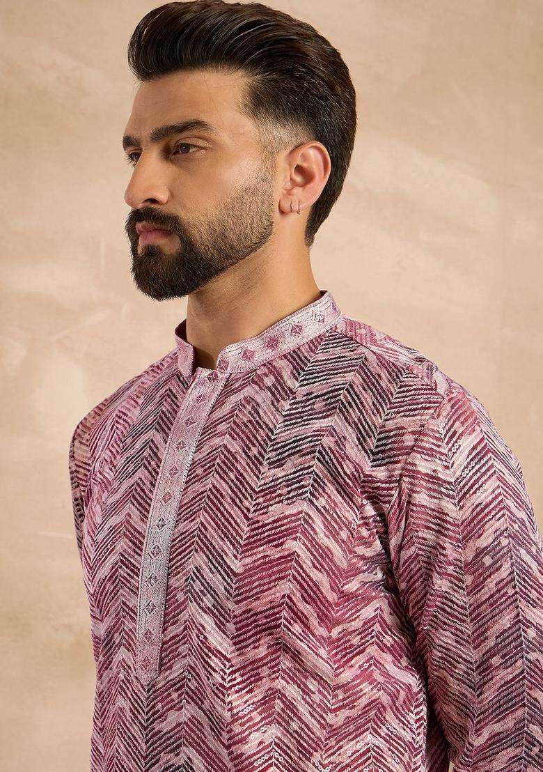 Maroon Printed Silk Blend Kurta Set For Men - Indya