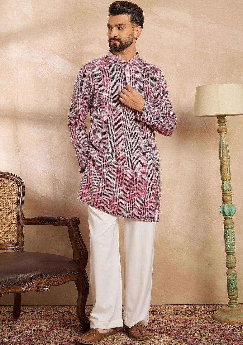 Maroon Printed Silk Blend Kurta Set For Men - Indya