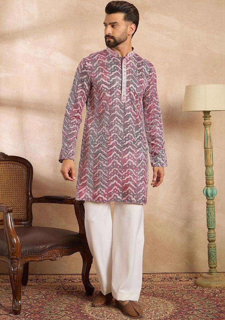 Maroon Printed Silk Blend Kurta Set For Men - Indya