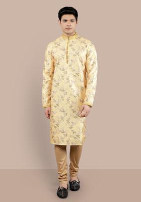 Yellow Woven Design Silk Kurta Set For Men