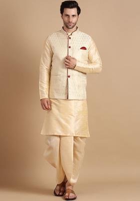 Cream Solid Silk Blend Kurta Set For Men