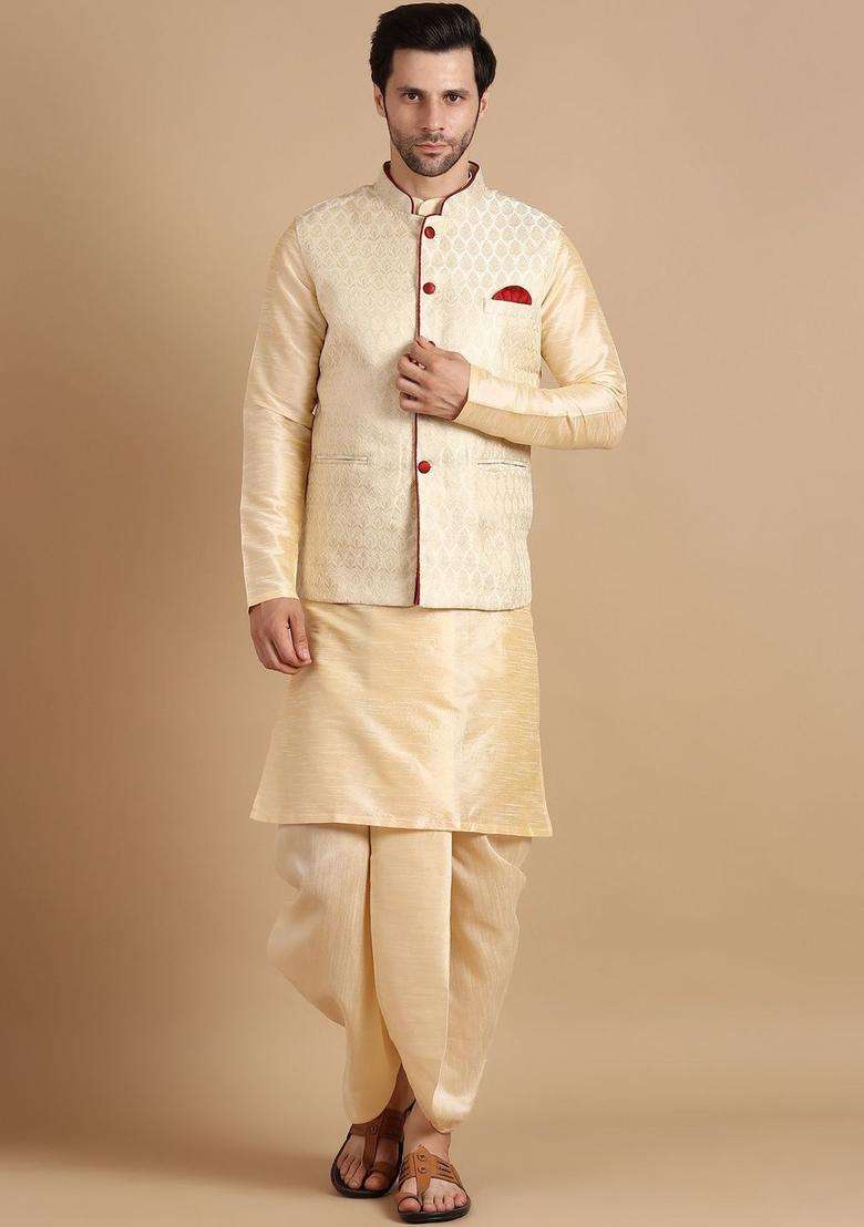 Cream Solid Silk Blend Kurta Set For Men - Indya