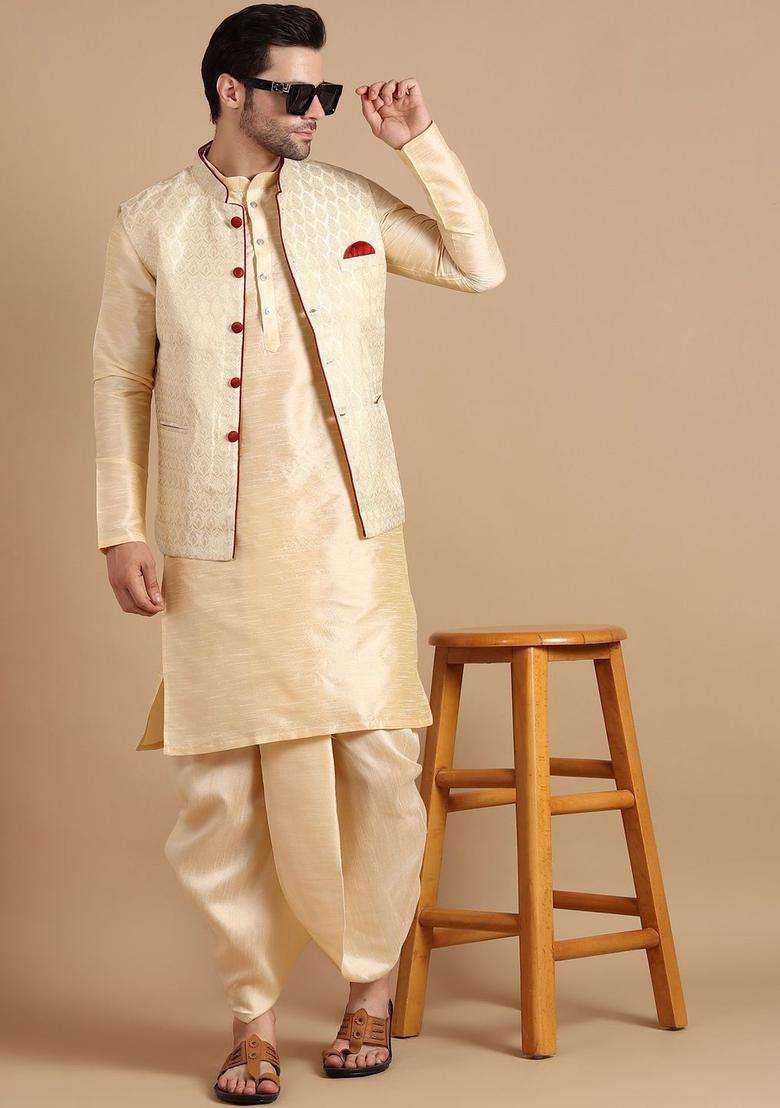 Cream Solid Silk Blend Kurta Set For Men - Indya