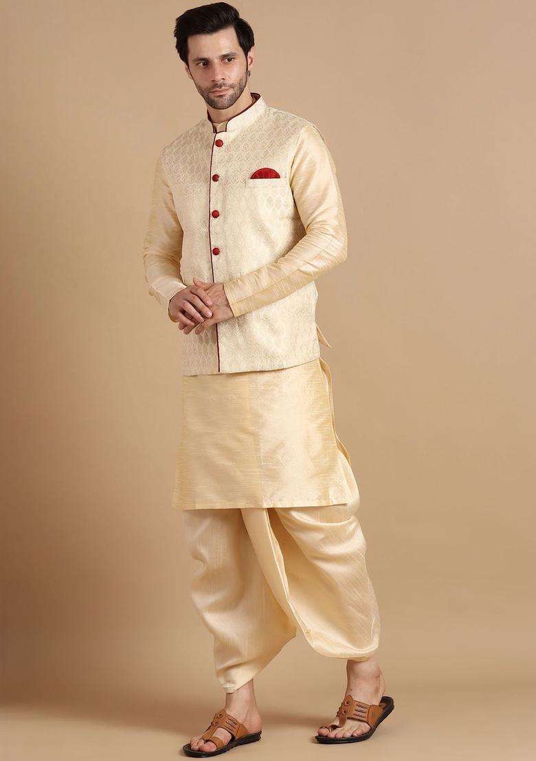 Cream Solid Silk Blend Kurta Set For Men - Indya