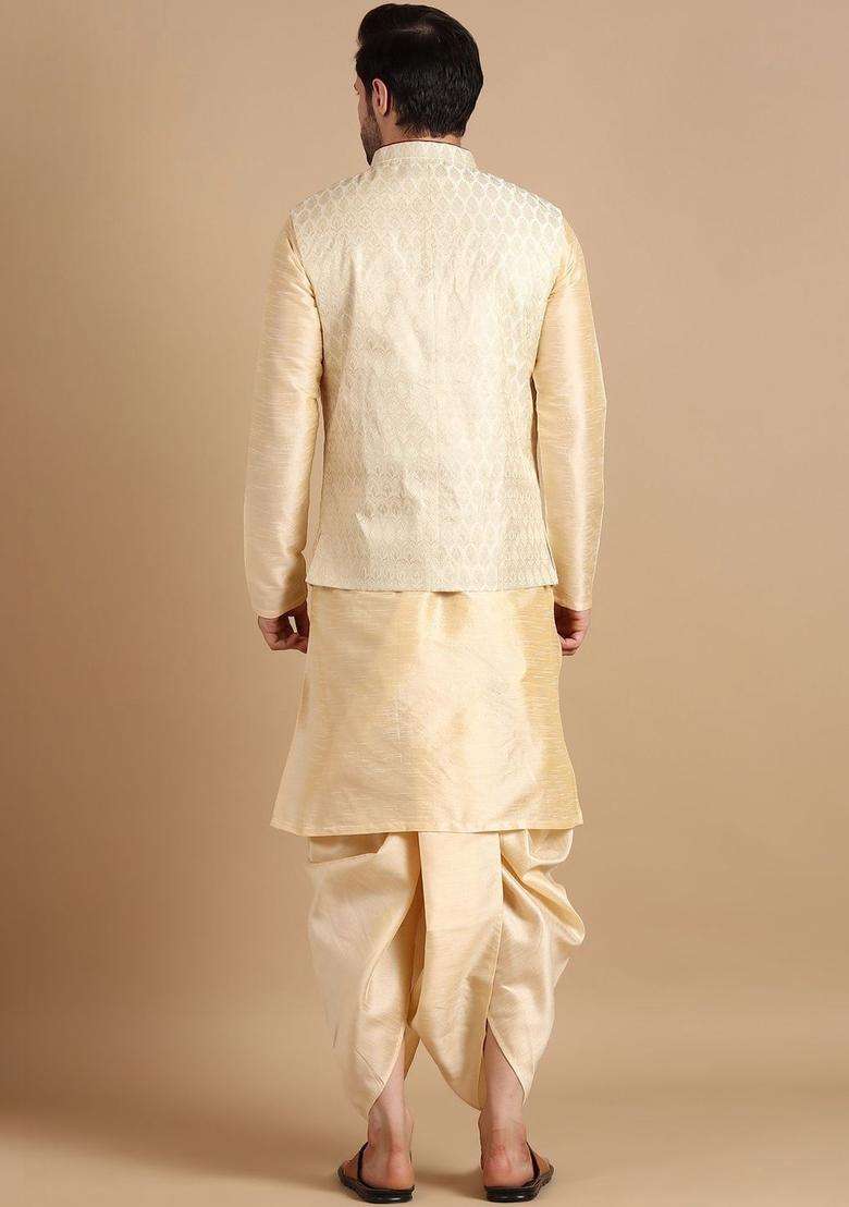 Cream Solid Silk Blend Kurta Set For Men - Indya