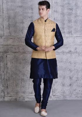 Navy Blue Solid Silk Kurta Set For Men