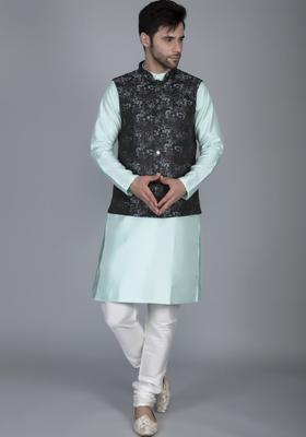 Sea Green Woven Design Silk Kurta Set For Men