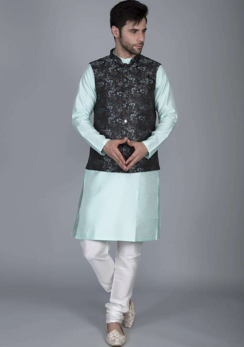 Sea Green Woven Design Silk Blend Kurta Set For Men - Indya
