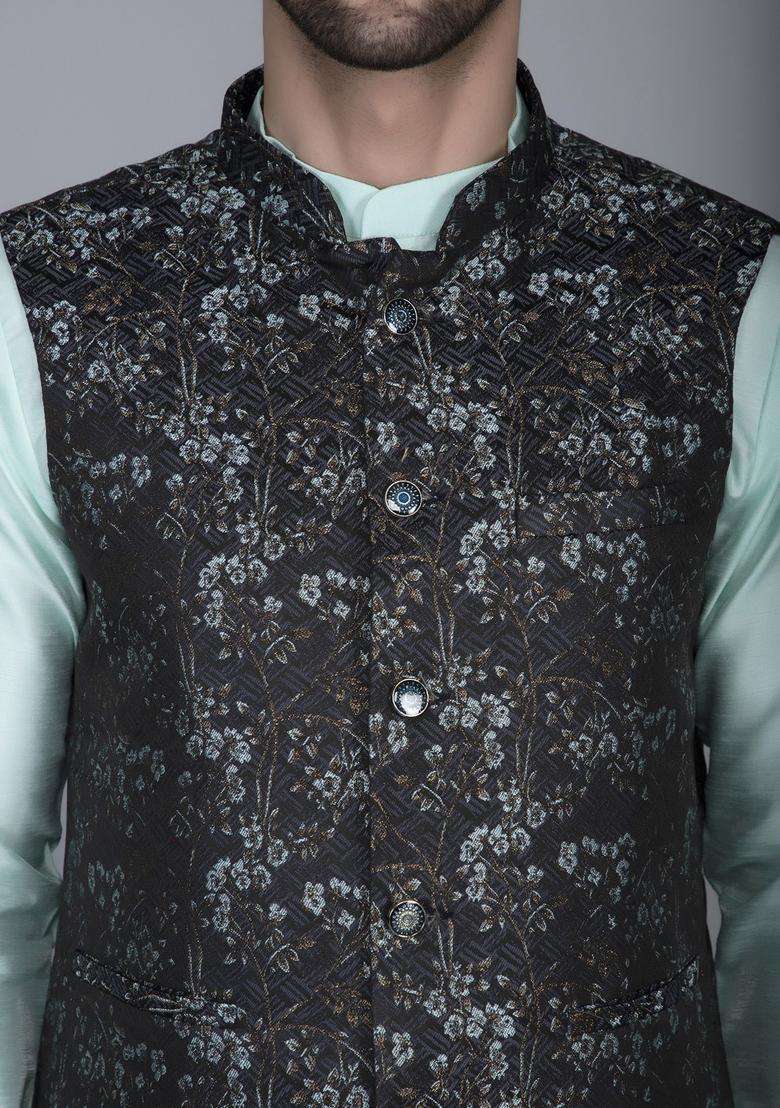 Sea Green Woven Design Silk Blend Kurta Set For Men - Indya