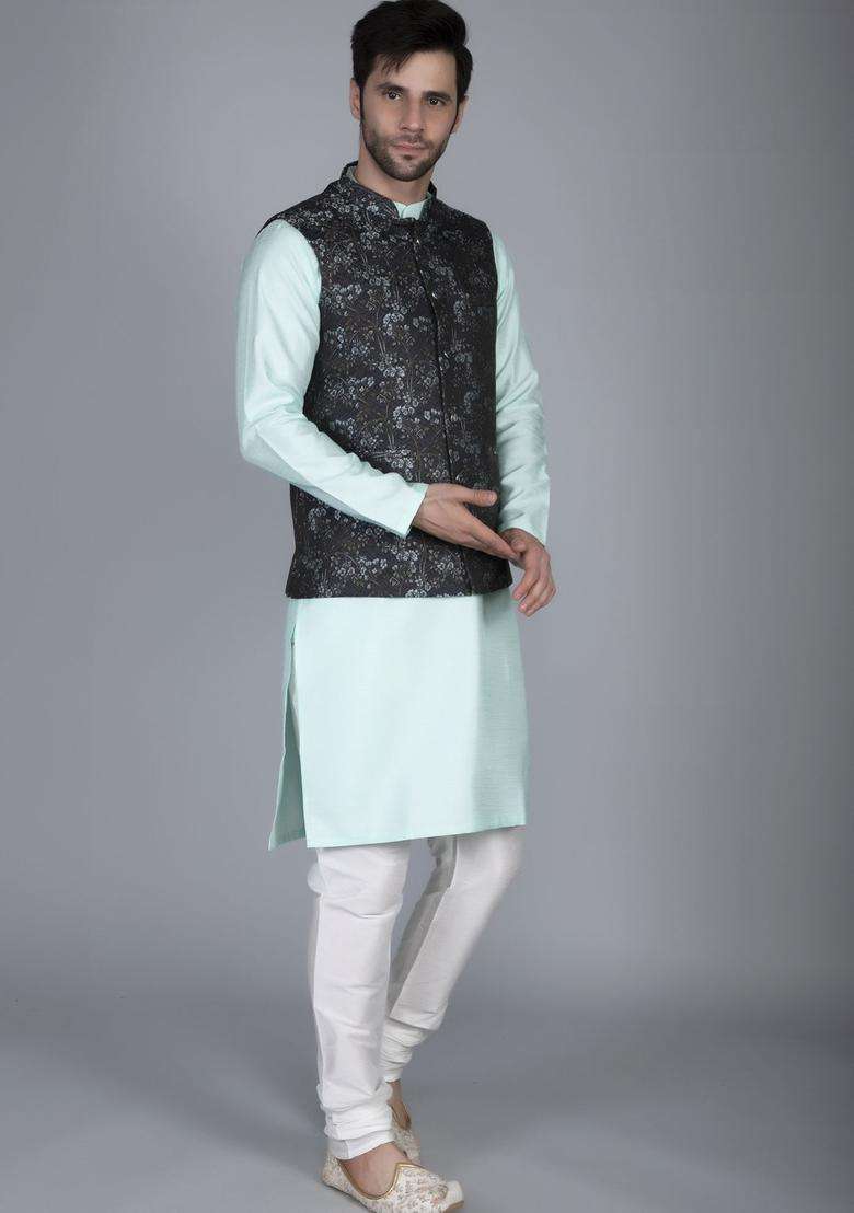 Sea Green Woven Design Silk Blend Kurta Set For Men - Indya