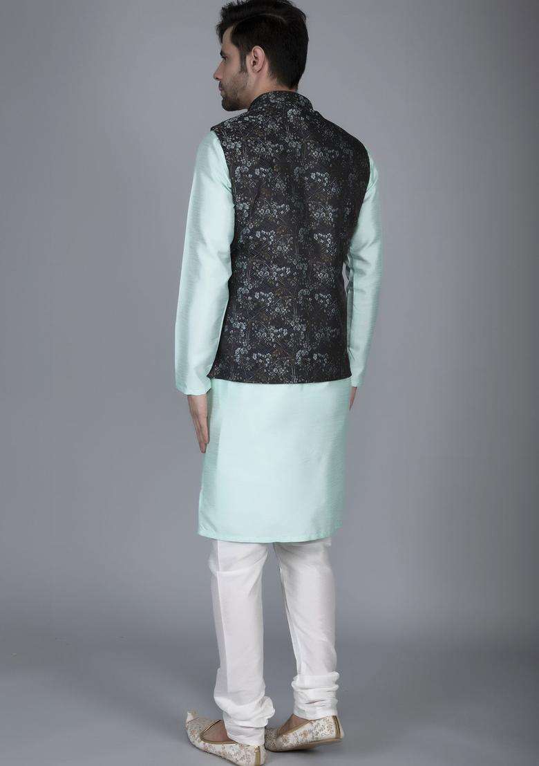 Sea Green Woven Design Silk Blend Kurta Set For Men - Indya
