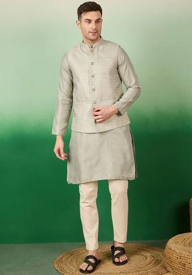 Grey Woven Design Silk Kurta Set For Men