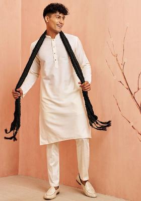 Cream Solid Viscose Kurta Set For Men