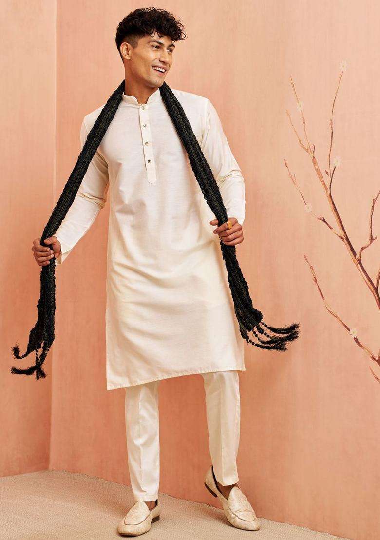 Cream Solid Viscose Kurta Set For Men - Indya